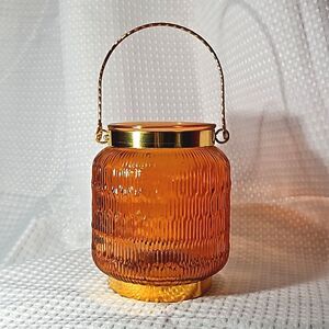 6 1/4" Orange Textured Glass Lantern/Vase with Gold Handle & Bands